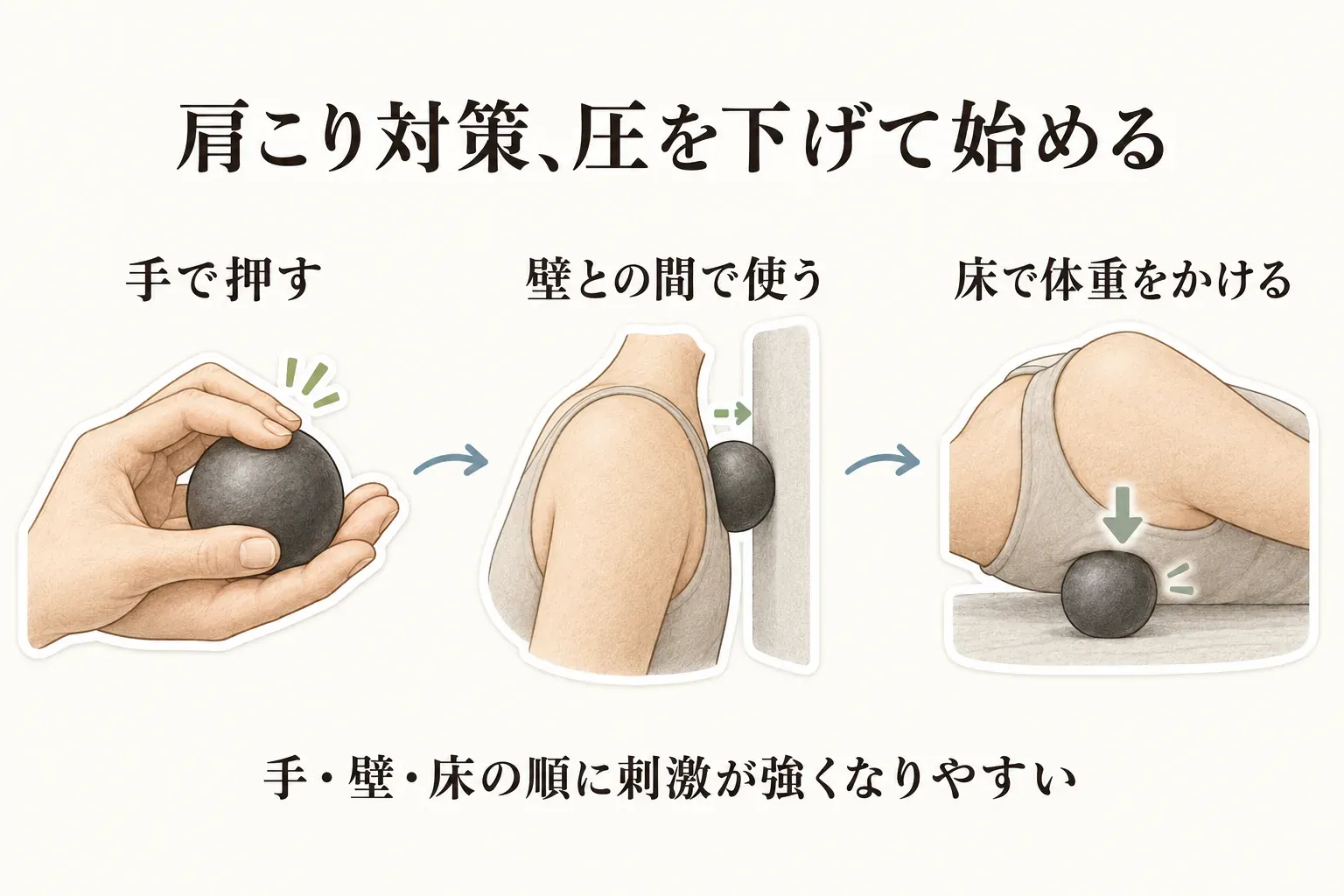 肩こり対策でマッサージボールを使う圧の始め方を示す図。手で押す、壁との間で使う、床で体重をかける順に刺激が強くなりやすいことを、肩への当て方とともに示す