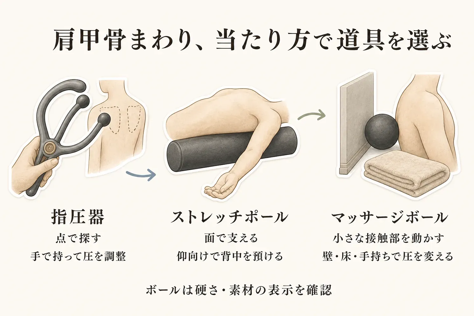 肩甲骨まわりに使う3種類の道具を比べる図。指圧器は点を探して手で圧を調整し、ストレッチポールは面で背中を支え、マッサージボールは壁・床・手持ちで圧を変える。ボールは硬さと素材の表示を確認する