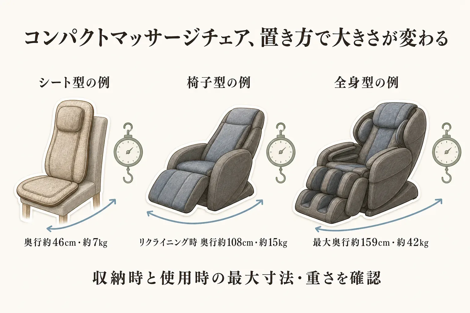 コンパクトマッサージチェアの3つの型を比較する図。椅子やソファに置けるシート型は約46×46cm・約7kg、たためる椅子型は通常時約61×70cm・約15kg、脚まで使う全身チェアはリクライニング時約62×137.5cm・約23.7kgで、使わないときの置き方と最大奥行きの違いを示す