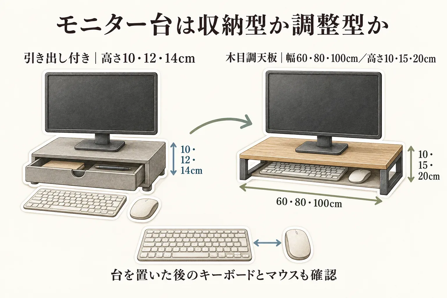 モニター台を収納型か調整型かで比べる図。引き出し付きの台は高さ10・12・14cmの3段階、木目調天板の台は幅60・80・100cmと高さ10・15・20cmから選べ、台を置いた後もキーボードとマウスの位置を確認することを示す