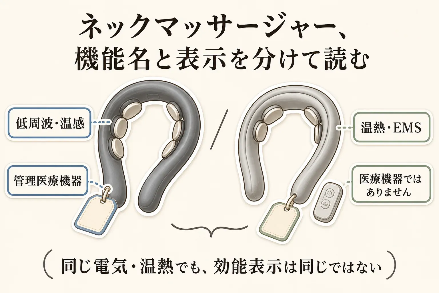 ネックマッサージャーの機能名と表示を分けて読む図。低周波・温感を備え管理医療機器と表示された商品と、温熱・EMSを備えるが医療機器ではないと表示された商品を並べ、同じ電気・温熱でも効能表示は同じではないことを示す