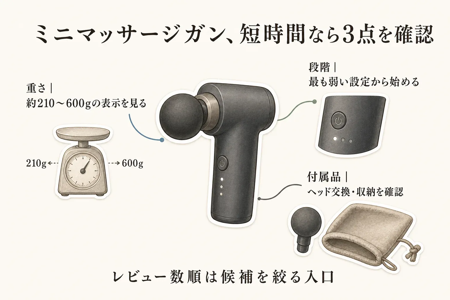 短時間で使うミニマッサージガンの確認点を示す図。重量は約210〜600gの表示を見て、段階は最も弱い設定から始め、付属品はヘッド交換と収納を確認する。レビュー数順は候補を絞る入口と示している