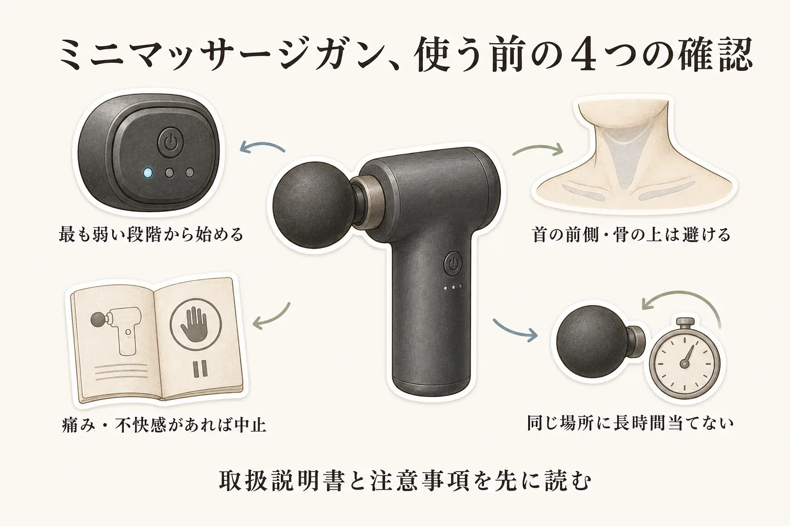 ミニマッサージガンを使う前の4つの確認を示す図。最も弱い段階から始め、首の前側や骨の上は避け、痛みや不快感があれば中止し、同じ場所に長時間当てず、取扱説明書と注意事項を先に読む