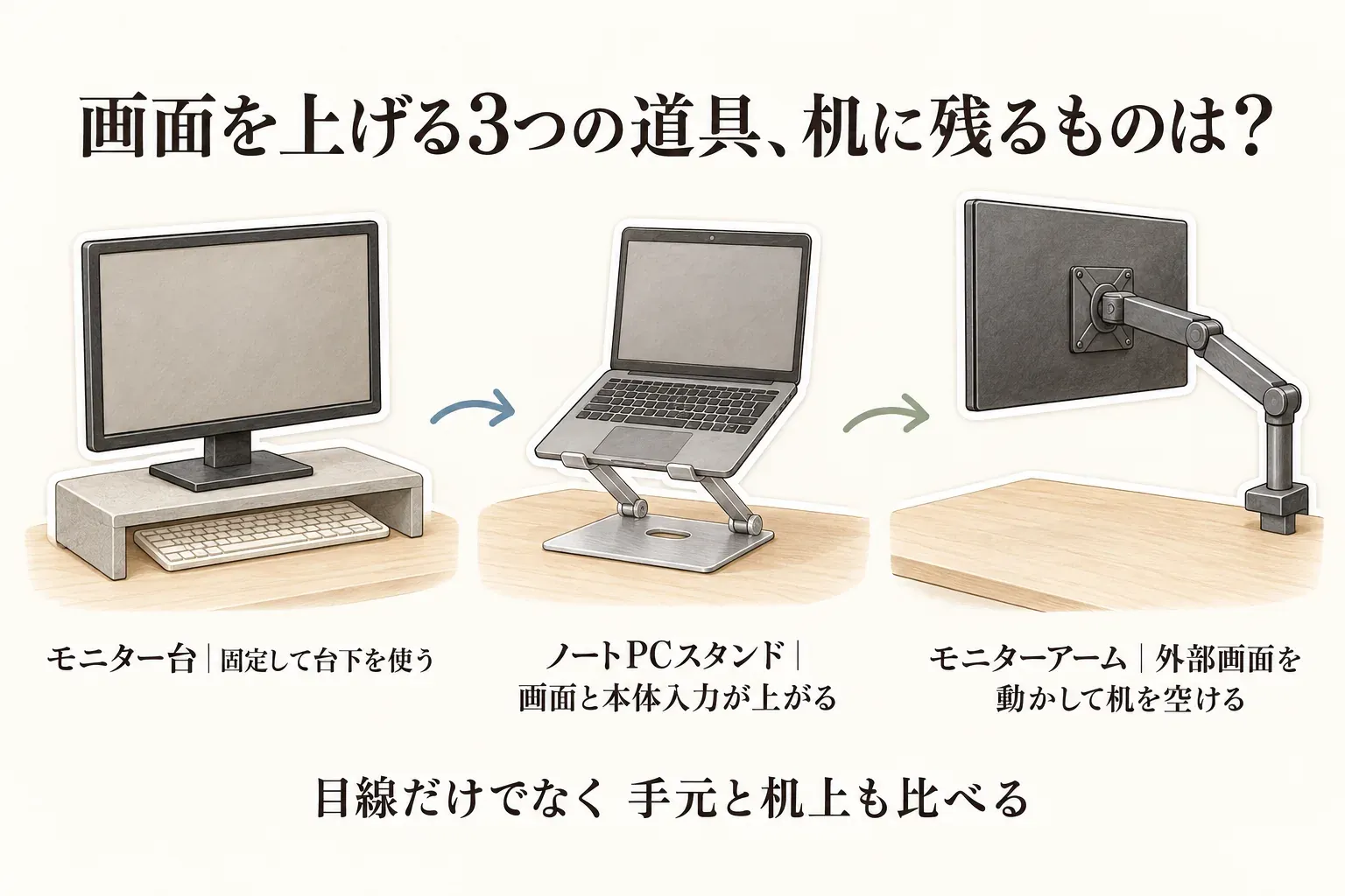 モニター台、ノートPCスタンド、モニターアームで画面を上げた机の比較図。モニター台は画面を固定して台下を使い、ノートPCスタンドは画面と本体キーボードが上がり、モニターアームは外部モニターを動かして机上を空けることを示す