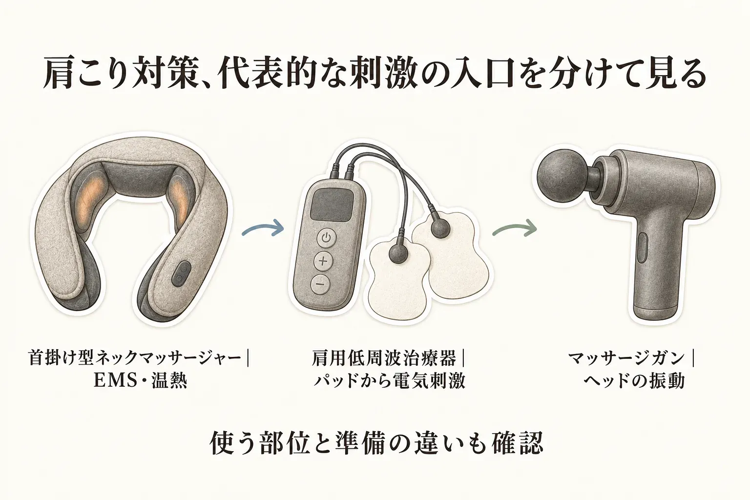 首掛け型ネックマッサージャーのEMS・温熱、肩用低周波治療器のパッドからの電気刺激、マッサージガンのヘッドの振動という、肩こり対策用品の代表的な刺激の入口を並べ、使う部位と準備の違いも確認する図