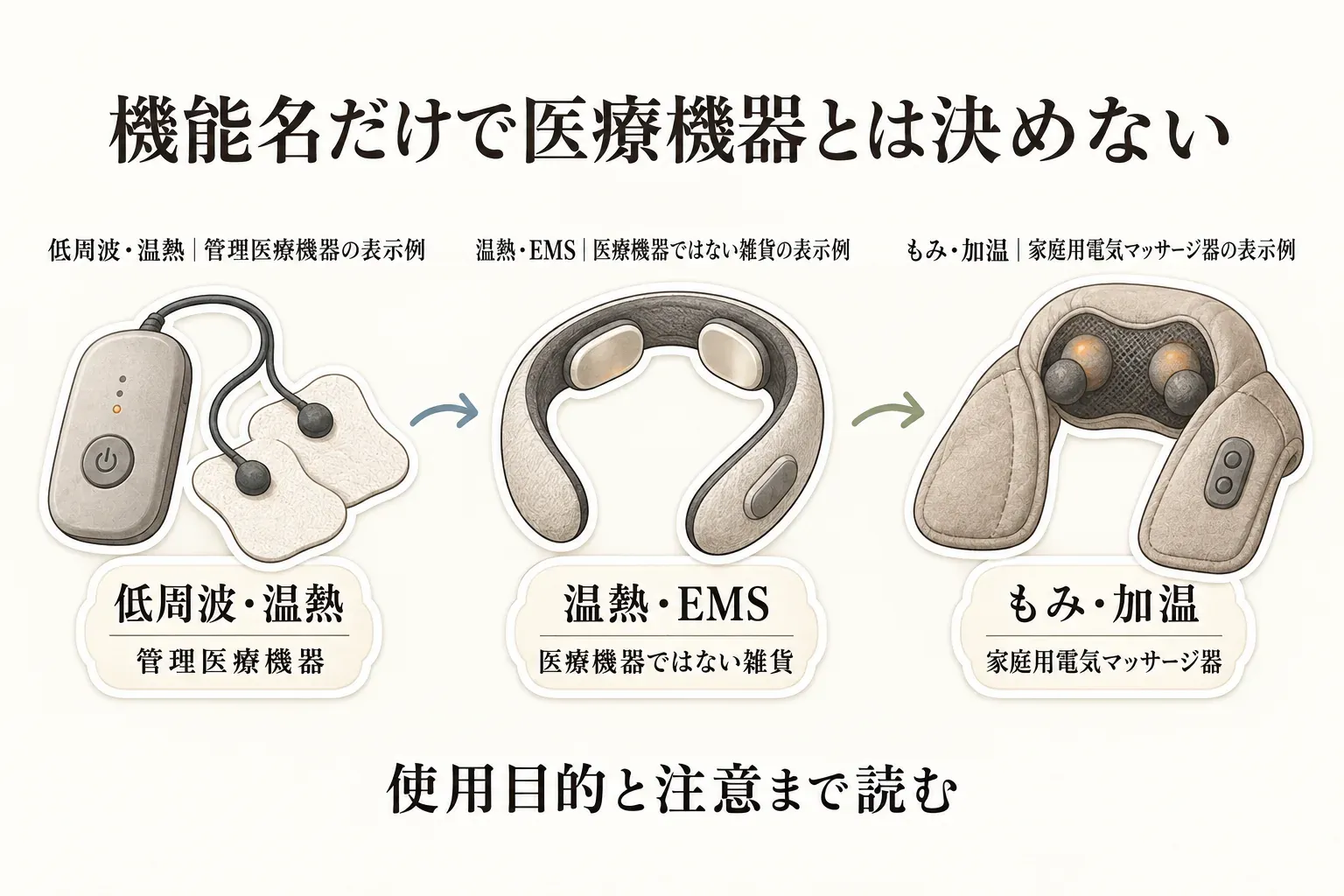 機能名だけで医療機器とは決めないことを示す図。低周波・温熱の管理医療機器、温熱・EMSを備えるが医療機器ではない雑貨、もみ・加温の家庭用電気マッサージ器の表示例を並べ、使用目的と注意まで読むよう示している