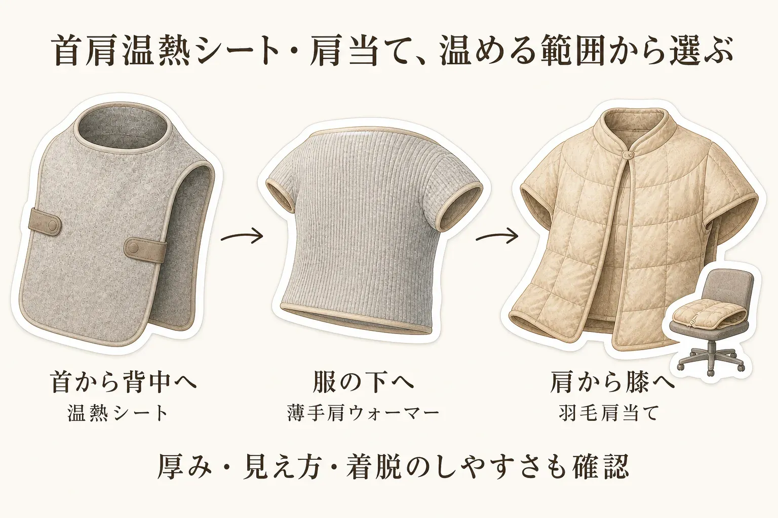 首肩温熱シート・薄手肩ウォーマー・羽毛肩当てを並べ、首から背中、服の下の肩まわり、肩から膝への3つの温める範囲と、厚み・見え方・着脱のしやすさを確認する図