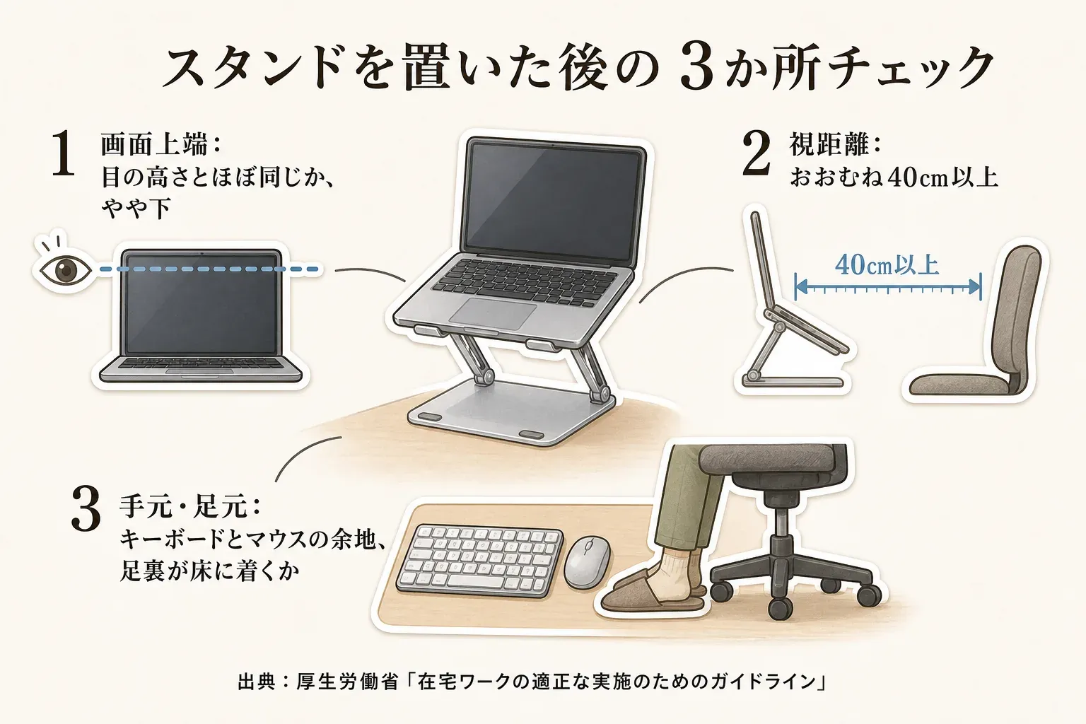 ノートPCスタンドを置いた後の3か所チェック。画面上端は目の高さとほぼ同じかやや下、視距離はおおむね40cm以上、キーボードとマウスの余地と足裏が床に着くことを示す図。出典：厚生労働省「在宅ワークの適正な実施のためのガイドライン」