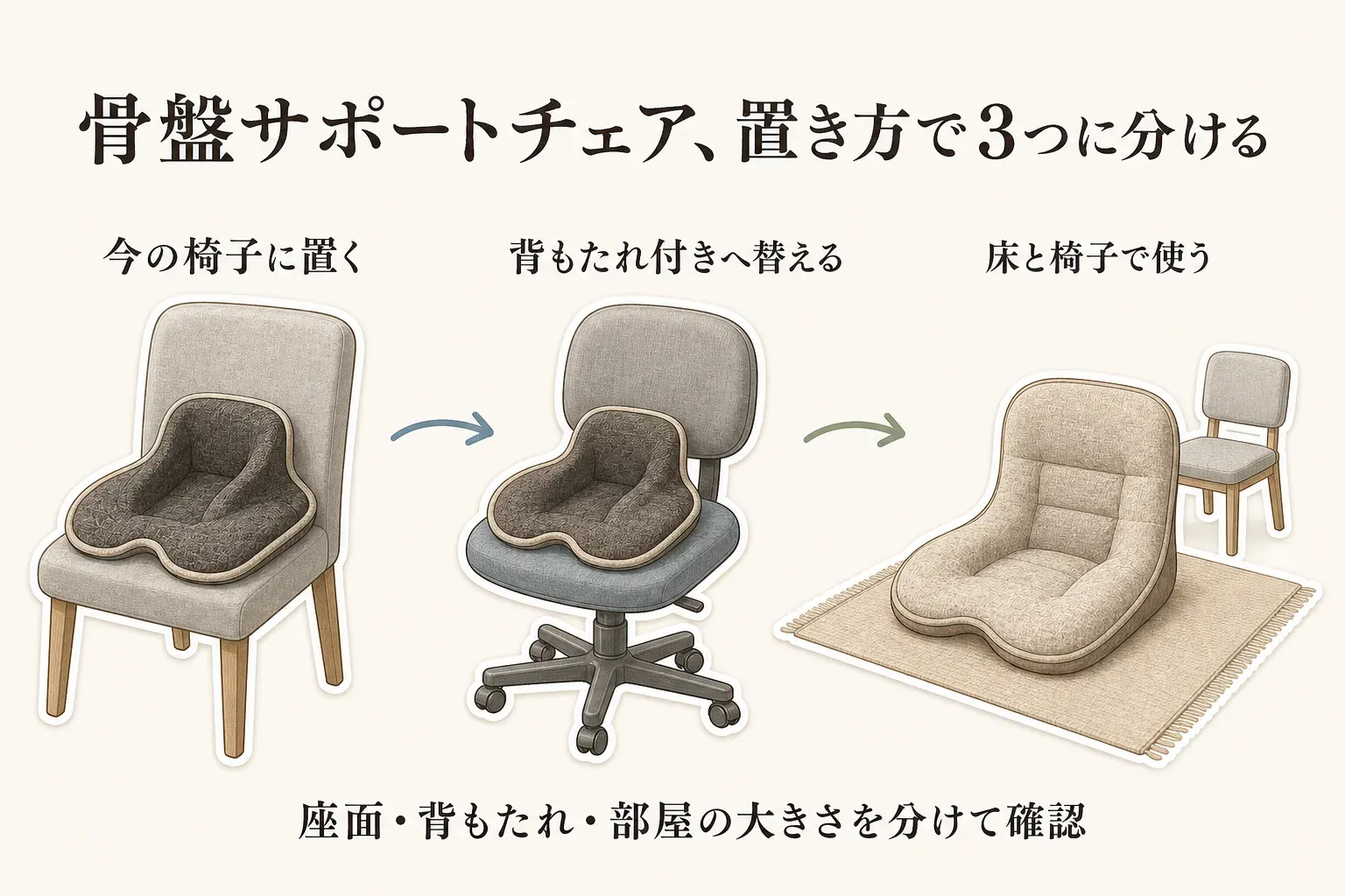 骨盤サポートチェアの置き方を3つに分けた図。今の椅子に座面サポートを置く形、背もたれ付きのデスクチェアへ替える形、床と椅子の両方で使う形を並べ、座面・背もたれ・部屋の大きさを分けて確認することを示す