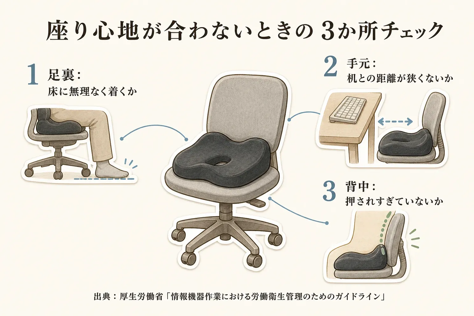 骨盤サポートチェアで座り心地が合わないときの3か所チェックを示す図。足裏が床に無理なく着くか、机との距離で手元が狭くなっていないか、背中が押されすぎていないかを、椅子と座面クッションのイラストで示す。出典：厚生労働省「情報機器作業における労働衛生管理のためのガイドライン」