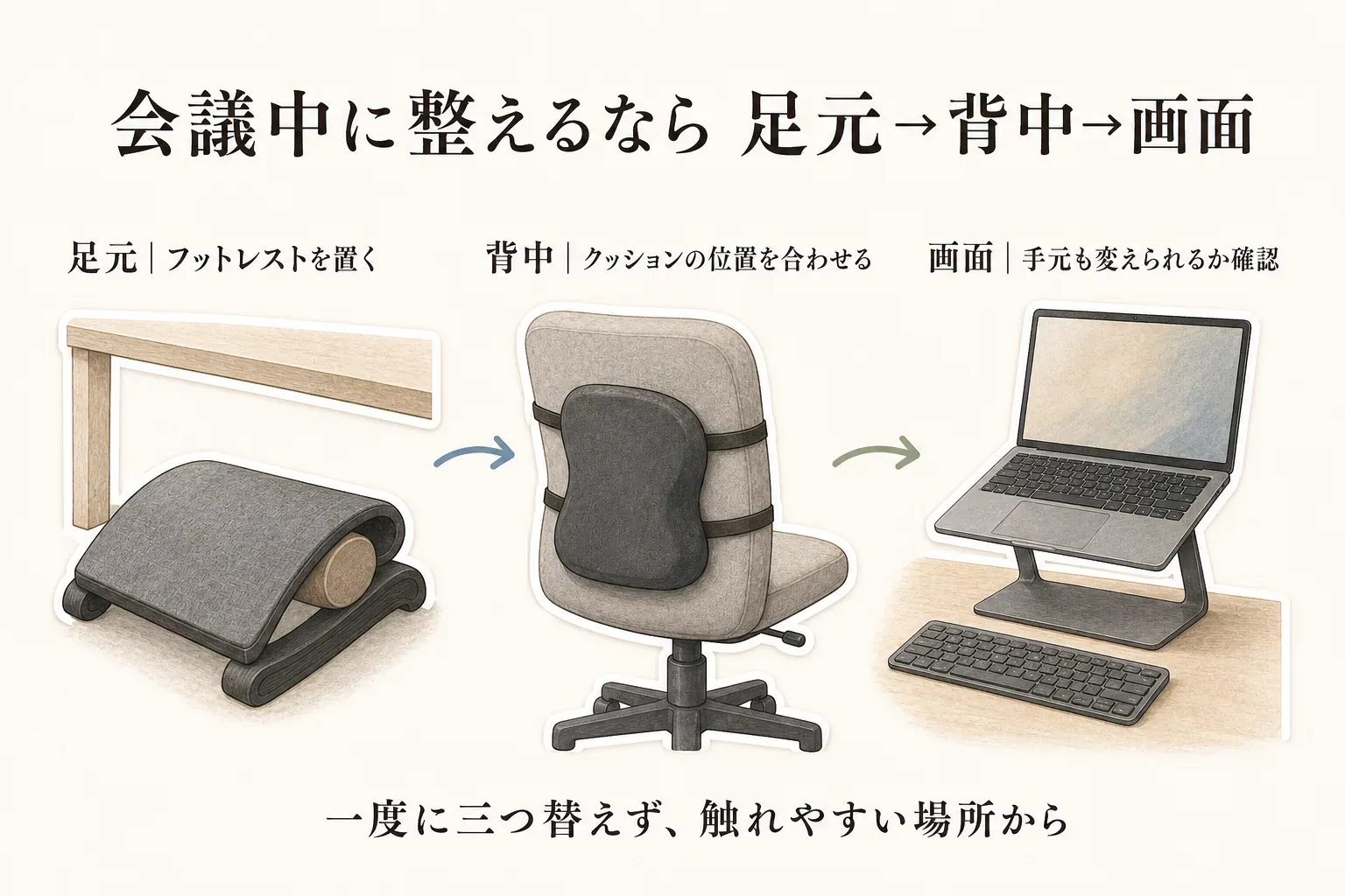 リモート会議中に姿勢を整える順番として、机の下にフットレストを置く足元、椅子の背もたれにクッションの位置を合わせる背中、外付けキーボードとともにノートPCスタンドを使い手元も変えられるか確認する画面を、足元から背中、画面へ順に示す図