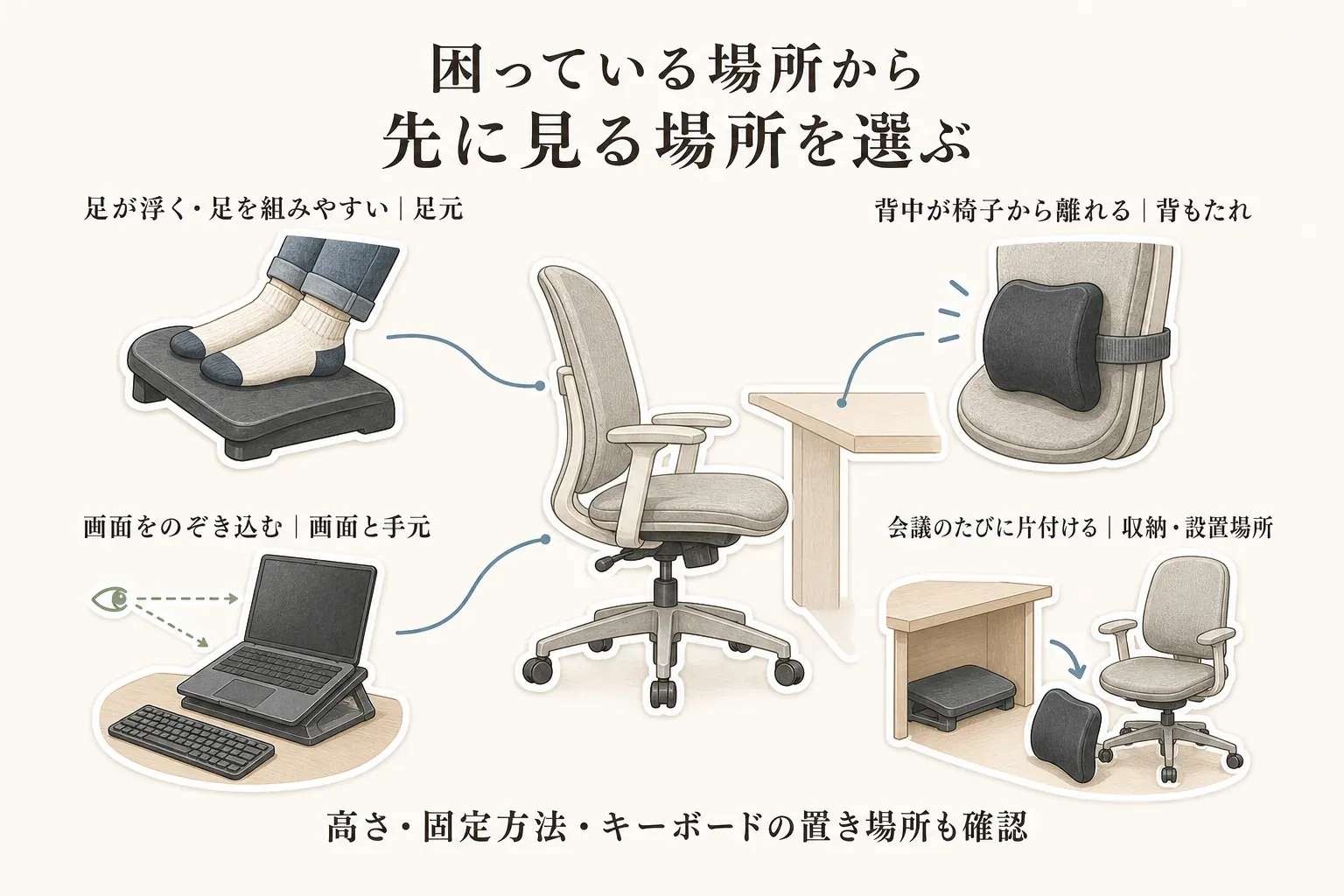 困りごと別に先に確認する場所を示す図。足が浮く・足を組みやすいときは足元、背中が椅子から離れるときは背もたれ、画面をのぞき込むときは画面と手元、会議のたびに片付けるときは収納・設置場所を確認し、高さ・固定方法・キーボードの置き場所も見ることを示す