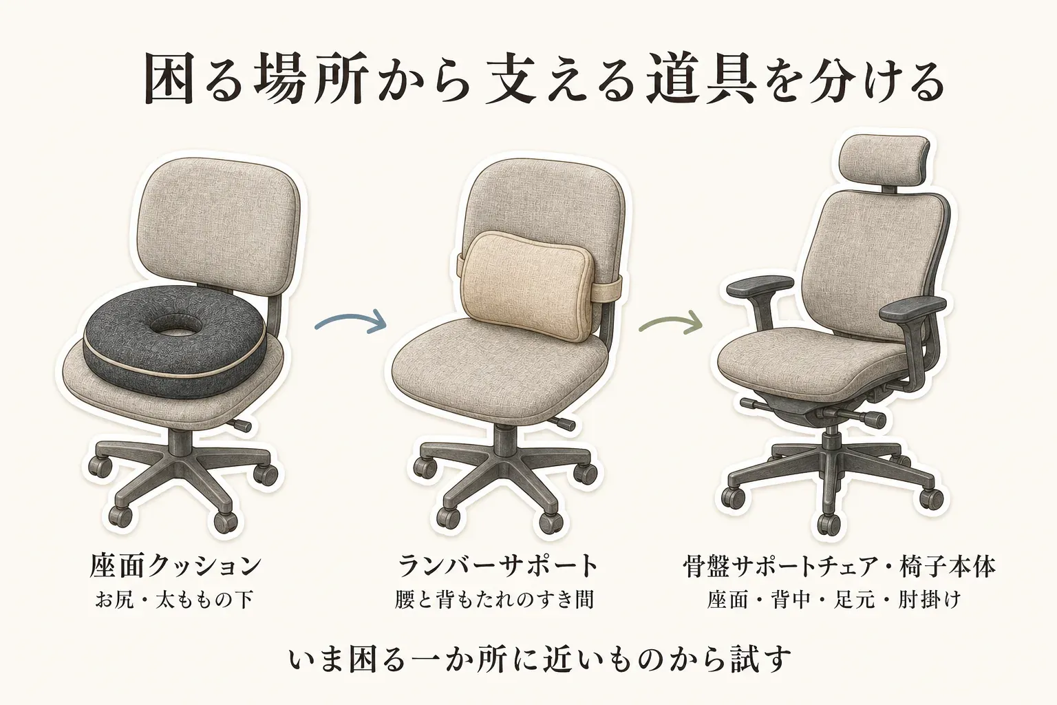 座面クッション、ランバーサポート、骨盤サポートチェア・椅子本体が支える場所を比べる図。座面クッションはお尻・太ももの下、ランバーサポートは腰と背もたれのすき間、椅子本体は座面・背中・足元・肘掛けを支え、いま困る一か所に近いものから試すことを示す