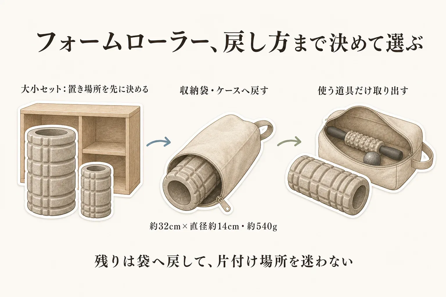 フォームローラーの収納手順を示す図。大小セットは置き場所を先に決め、約32cm・直径約14cm・約540gのローラーは収納袋やケースへ戻し、使う道具だけを取り出して残りは袋にしまう流れを表している