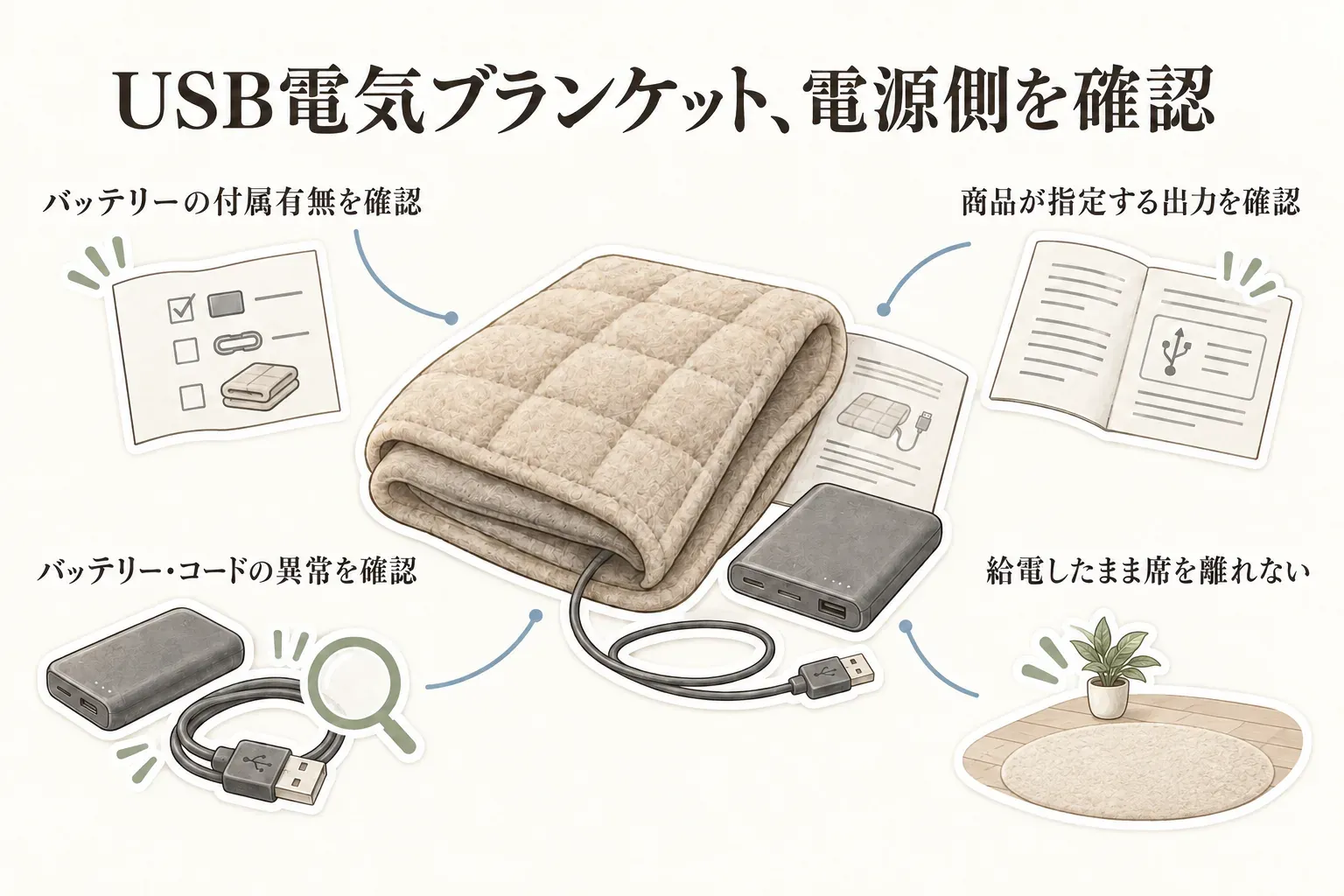 USB電気ブランケットの電源側の確認図。バッテリーの付属有無、商品が指定するUSB出力、モバイルバッテリーとコードの傷や変形などの異常を確認し、給電したまま席を離れないことを示している