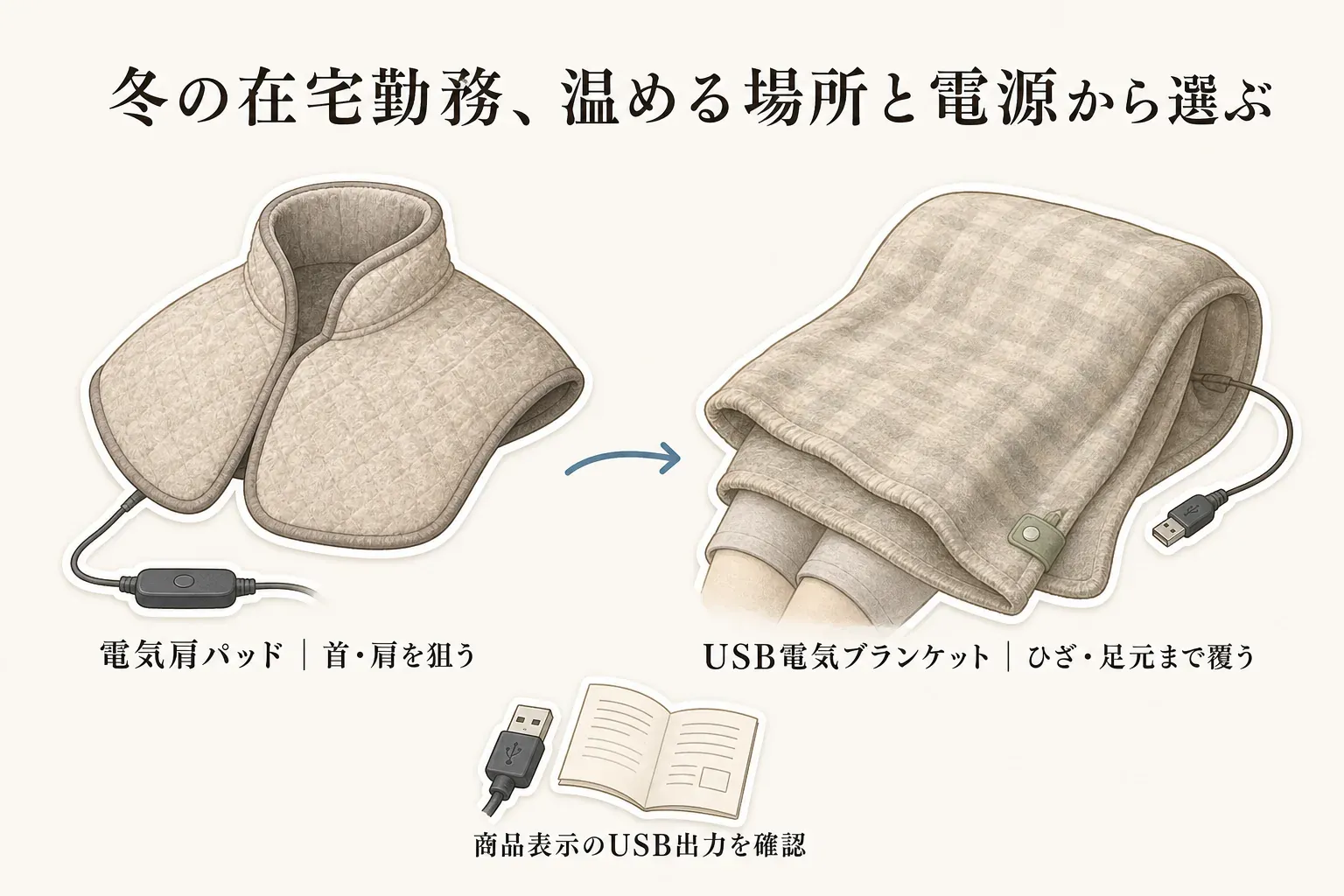 電気肩パッドとUSB電気ブランケットの使い分けを示す図。肩パッドは首・肩を覆い、机の近くのコードまたはUSB電源を使うこと、ブランケットはひざ・足元・腰を覆い、モバイルバッテリーなどのUSB給電を確認することを描く