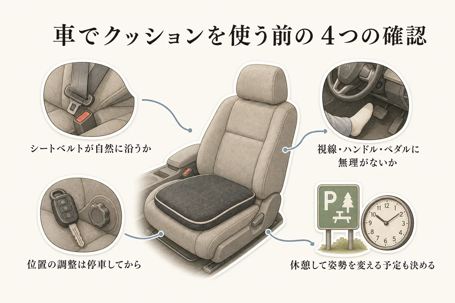 車でクッションを使う前の4つの確認を示す図。シートベルトが自然に沿うこと、視線・ハンドル・ペダルに無理がないこと、位置の調整は停車してから行うこと、休憩して姿勢を変える予定を決めることを案内している
