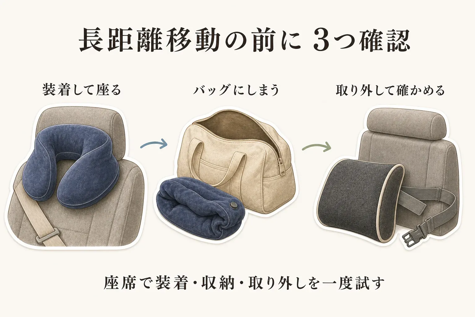長距離移動の前に確認する流れを示す図。座席でネックピローを装着して座り、バッグへしまい、固定バンド付きクッションを取り外すという3つの確認を、出発前に一度試すよう案内している